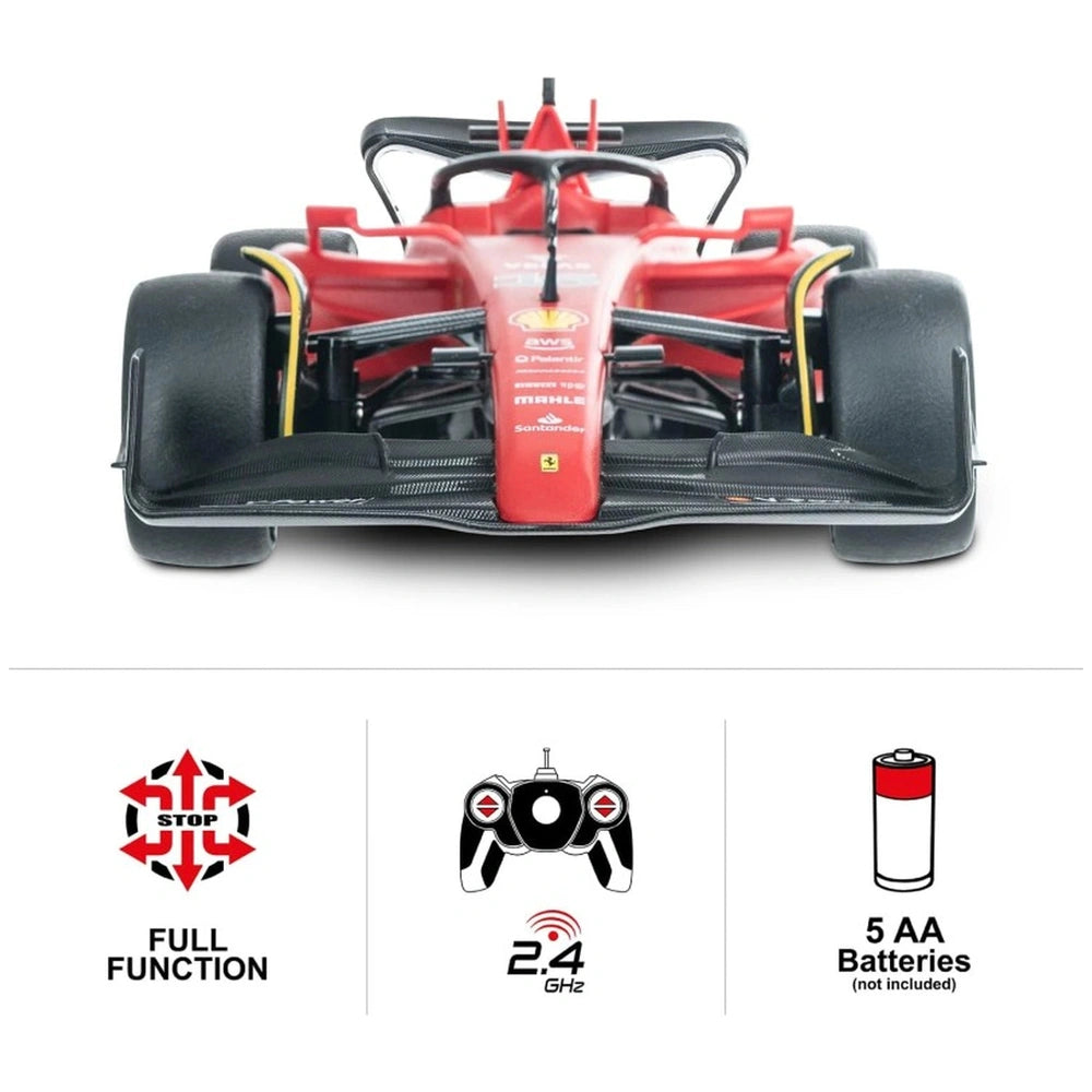 Mondo Ferrari F1 75 radio-controlled car in red with black wheels, featuring yellow and white stripes and clear windshield.