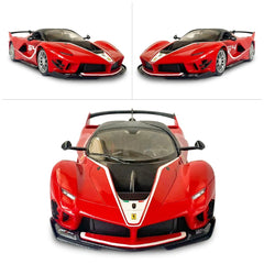 Ferrari FXX K EVO radio-controlled car in red with black accents and detailed features, showcasing opening doors and sleek de