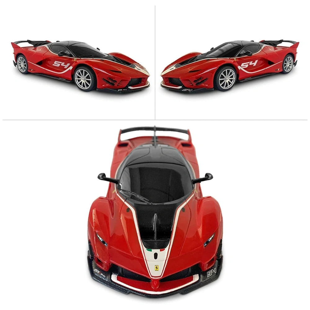 Ferrari FXX K EVO radio-controlled car in red with black roof, white and green stripes, and detailed black interior features.