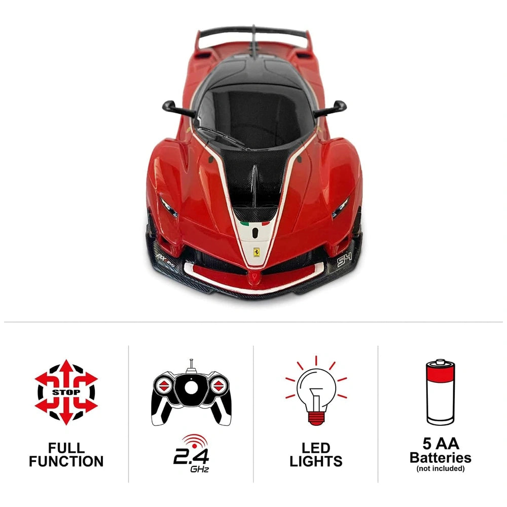 Mondo Ferrari FXX K EVO RC car in glossy red with tinted windows, matte wheels, convertible top, and detailed exterior featur