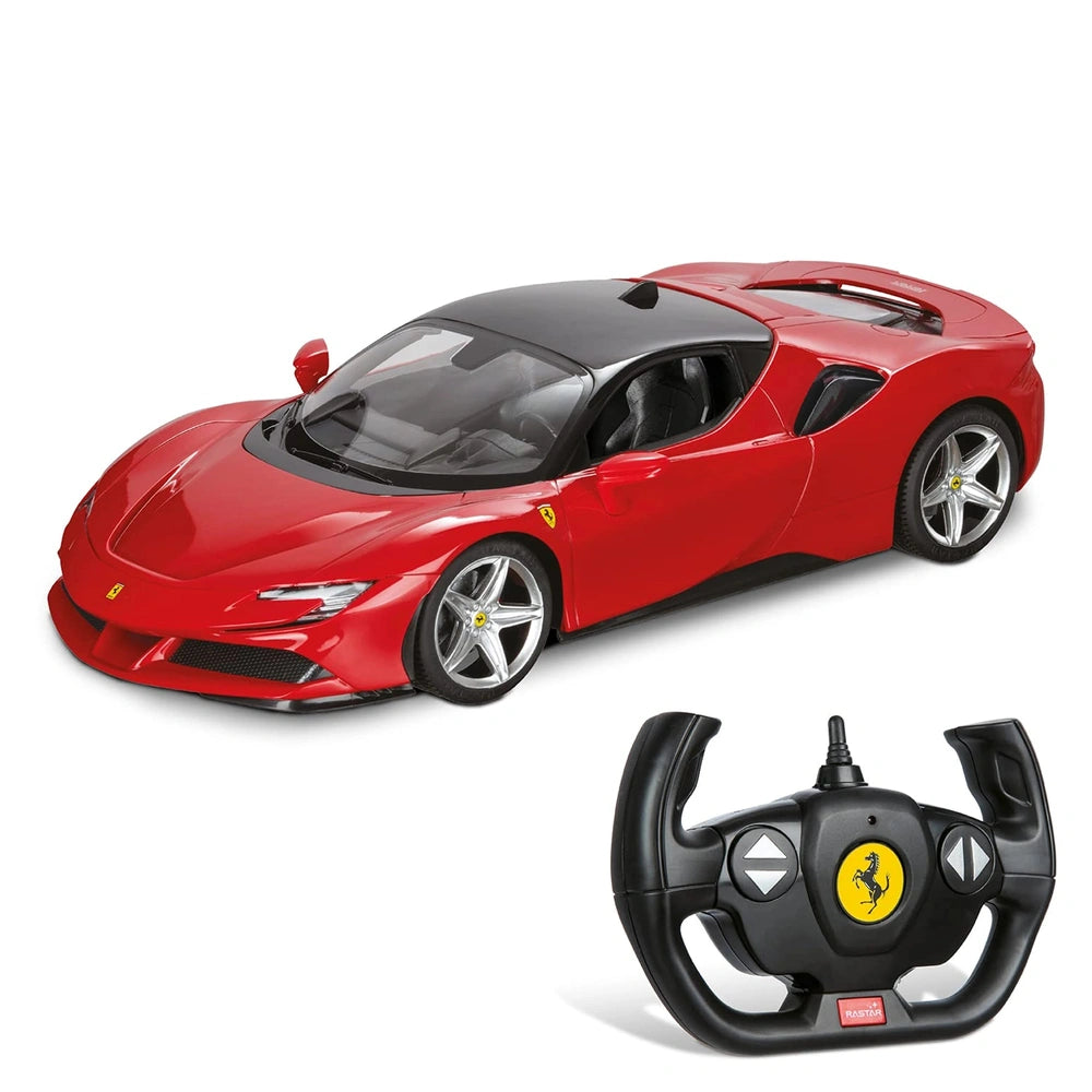 Mondo Ferrari SF 90 radio-controlled car in glossy red, featuring black matte steering wheel and shiny black tires.
