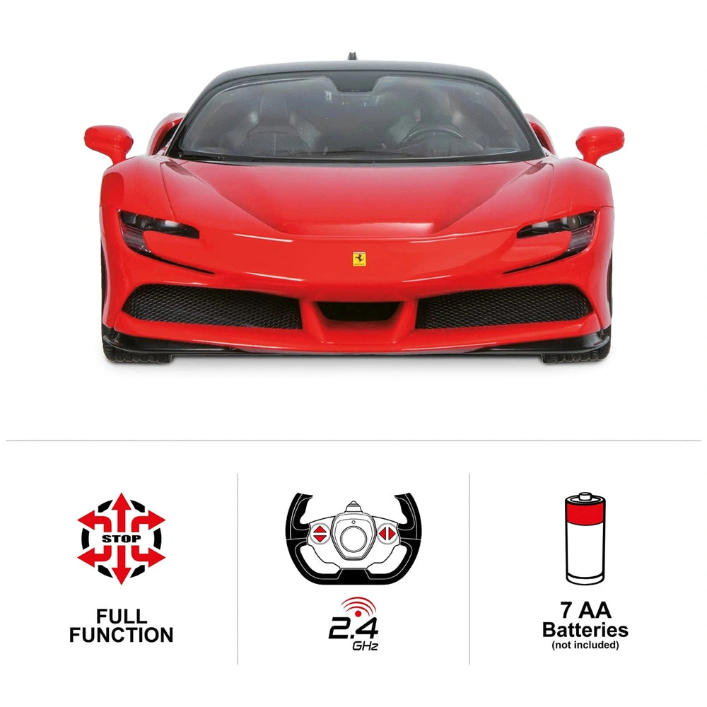 Mondo Ferrari SF 90 radio-controlled car in red and black with glossy plastic finish and gray details, showcasing sleek desig