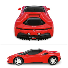Ferrari SF 90 Stradale radio-controlled car in red with black roof and yellow grill, made of glossy plastic.
