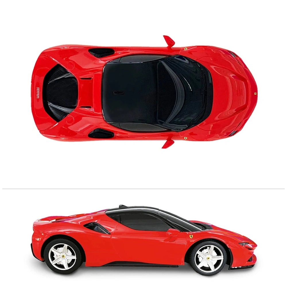 Ferrari SF 90 Stradale radio-controlled car in red with black interior, reflective surfaces, clear windows, and silver rims.