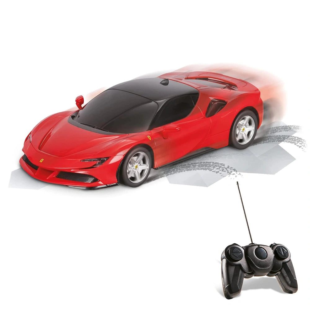 Ferrari SF 90 Stradale radio-controlled car in glossy red with silver wheels and matte black antenna, front view.