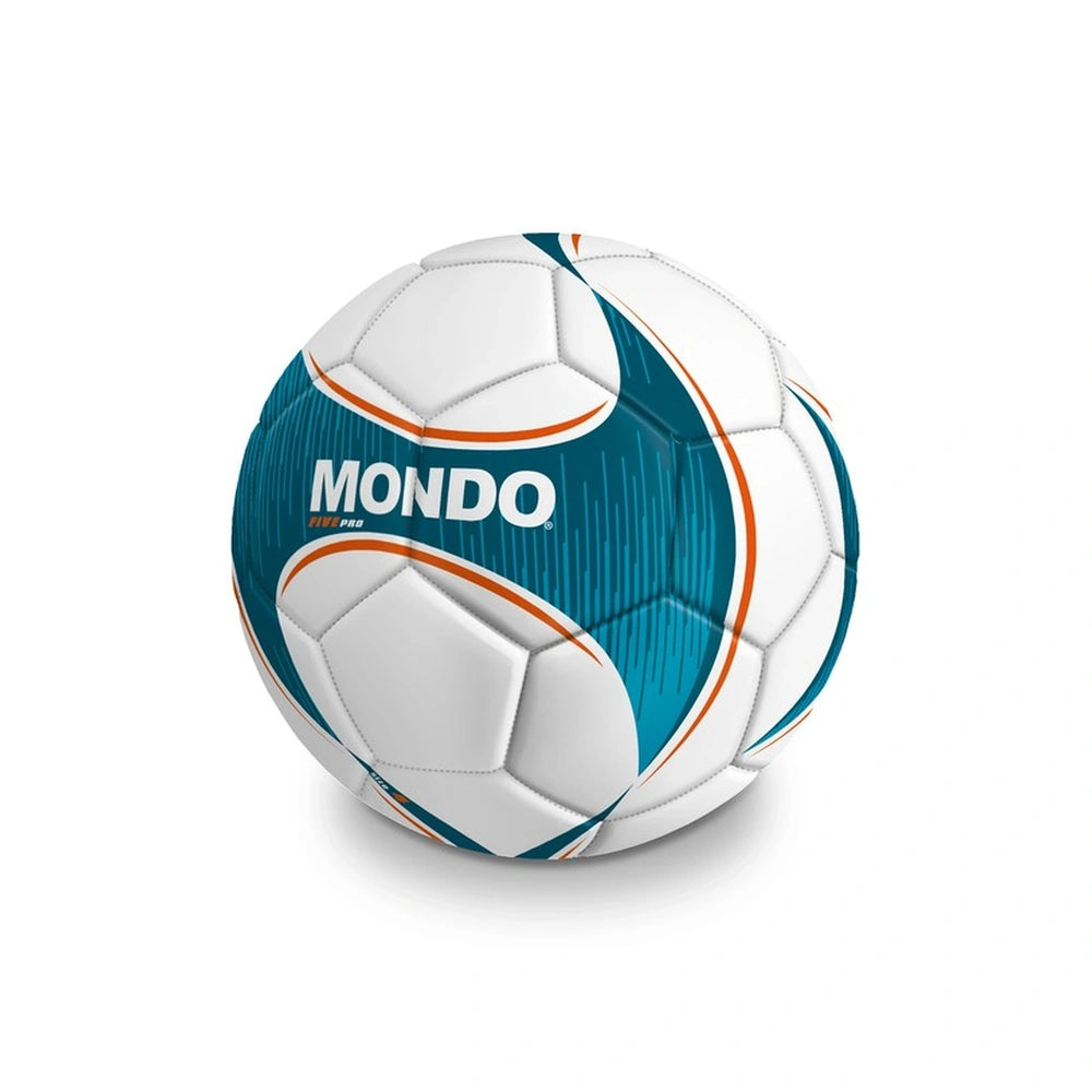 Mondo Five Pro Size 4 soccer ball features a matte finish with white, blue, and orange accents and a textured pentagon design