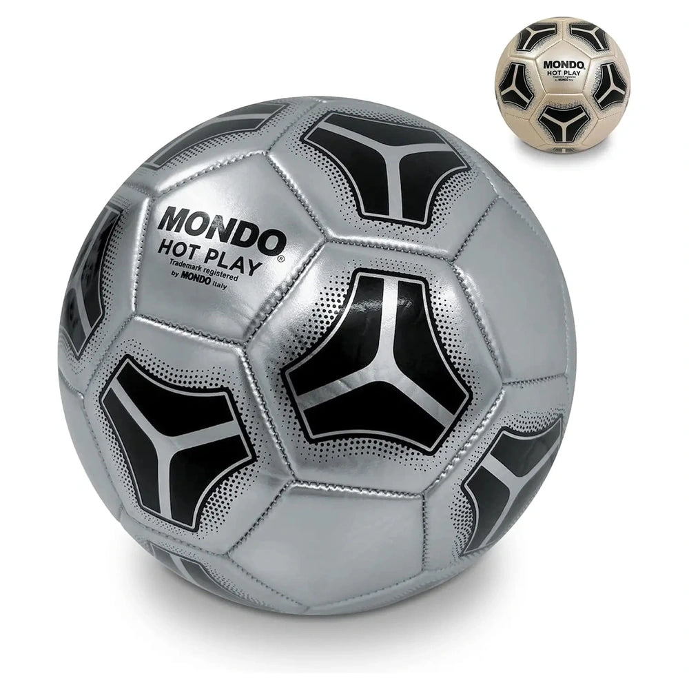Mondo Football Hot Play 23 cm features a silver synthetic leather surface with black and white patterns and central logo.