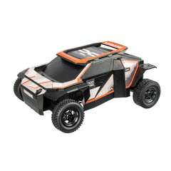 Mondo Motors RC Dacia Sandrider features a matte black body with an orange and white patterned roof and transparent windows.