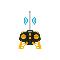 RC-MX Bulldozer toy in front view, featuring blue and yellow elements, antenna, and a black rectangular base.