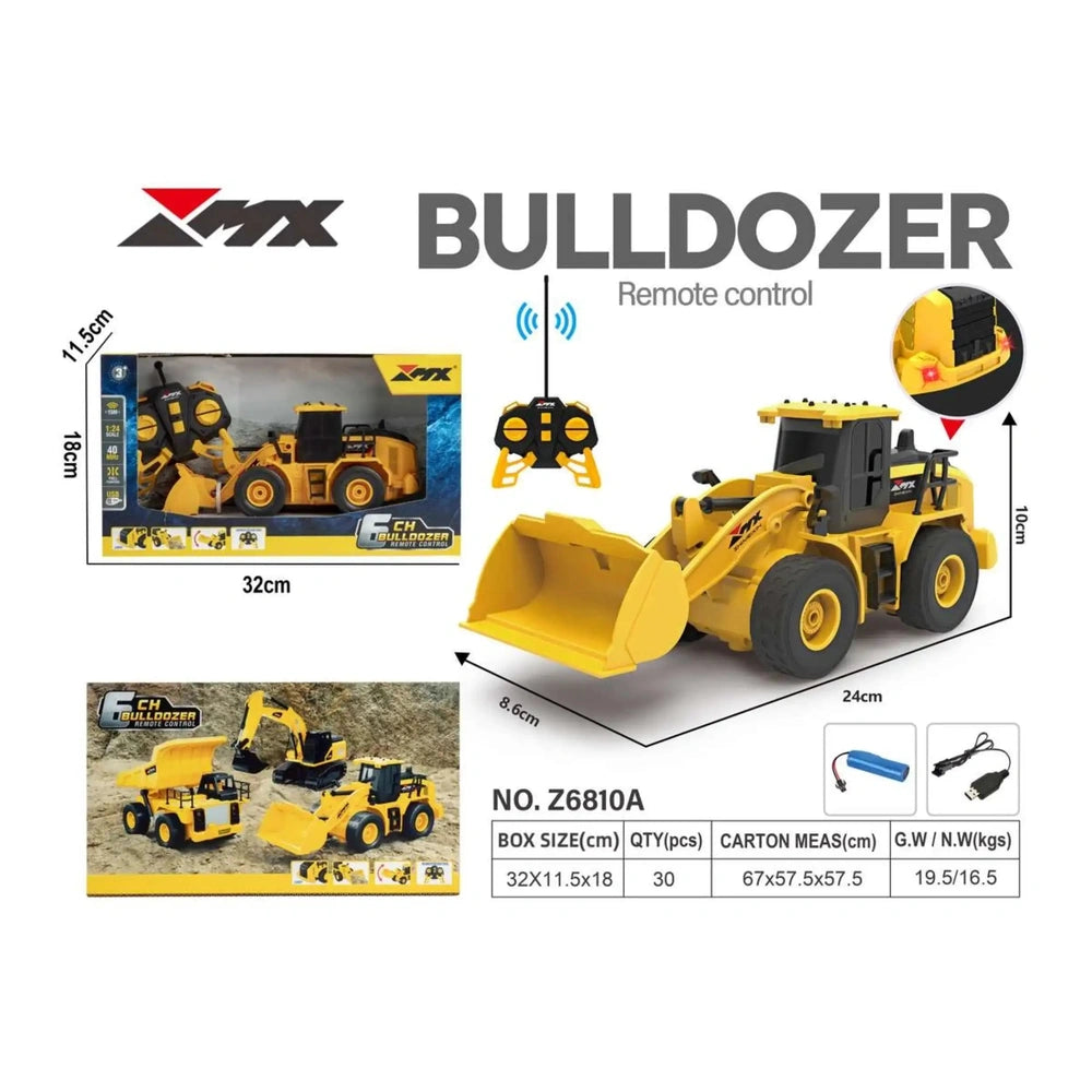 Mondo Motors RC-MX Bulldozer in yellow packaging features a toy construction vehicle with black tires and accessories.