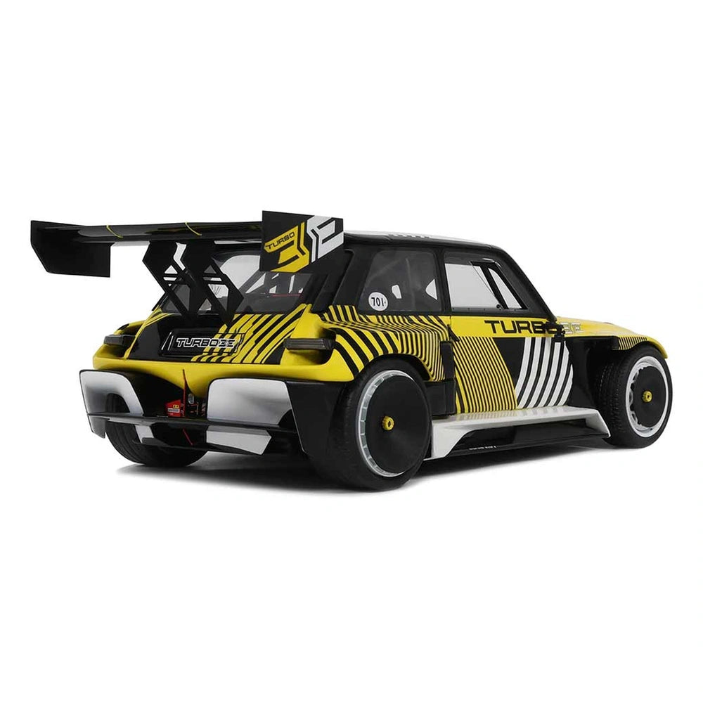 RC Renault 5 Turbo 3E features a glossy body, matte black details, and transparent windows in a front view layout.