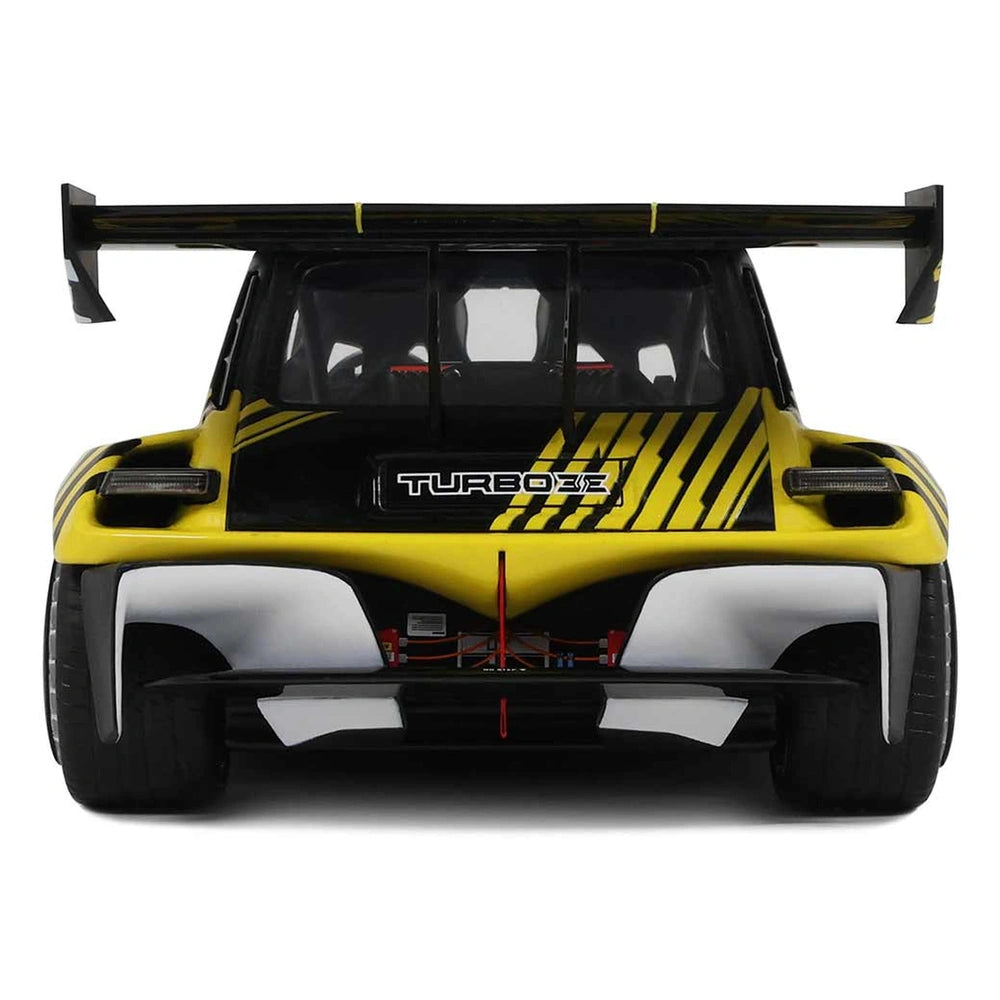 RC Renault 5 Turbo 3E features a glossy body, black accents, tinted windows, and a striking yellow and black striped grille.
