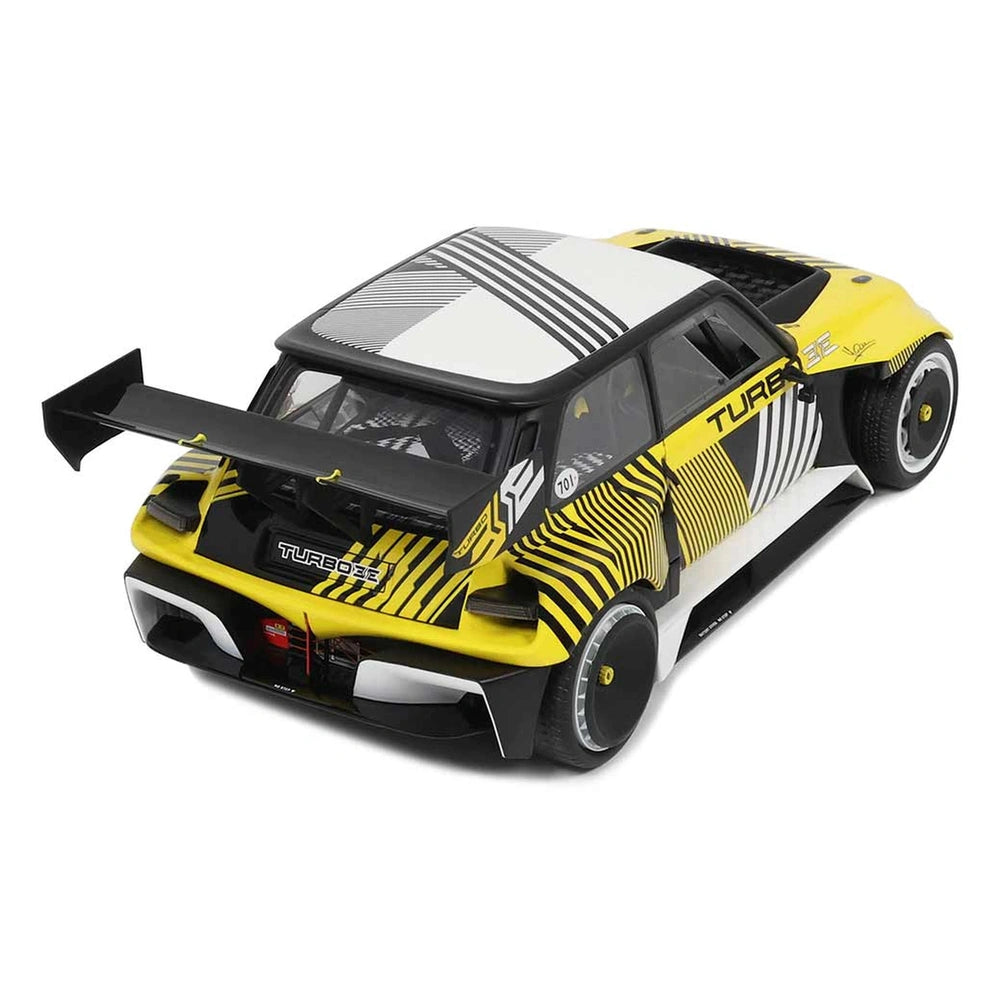 Mondo Motors RC Renault 5 Turbo 3E in yellow with black stripes, featuring a glossy plastic body and matte roof.