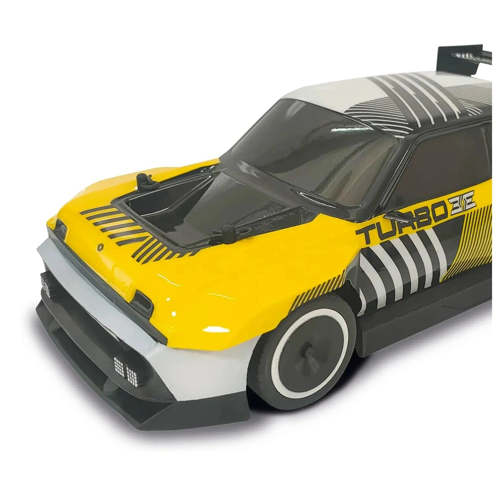 Mondo Motors RC Renault 5 Turbo 3E toy car features a glossy yellow and black striped body with tinted windows and black whee