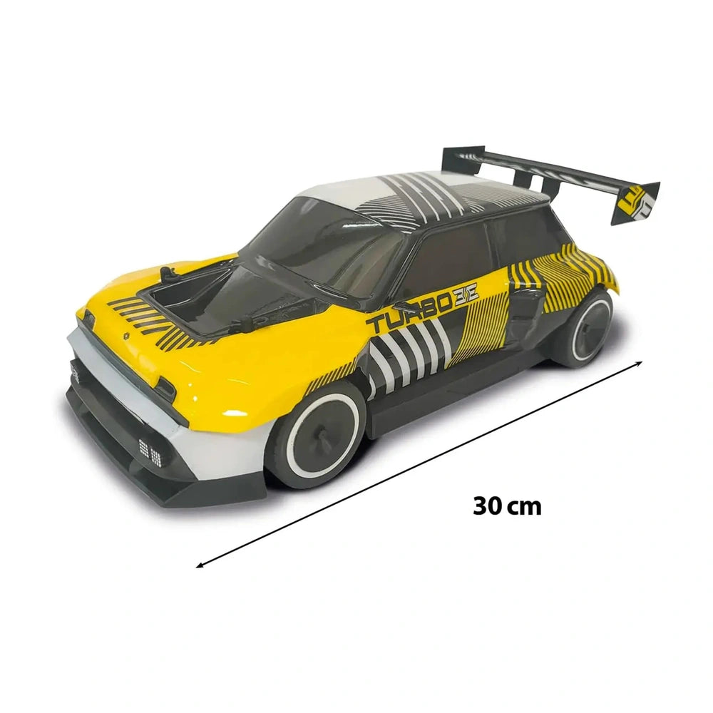 Mondo Motors RC Renault 5 Turbo 3E with glossy and matte finishes, transparent windows, and shiny hubcaps, front view display