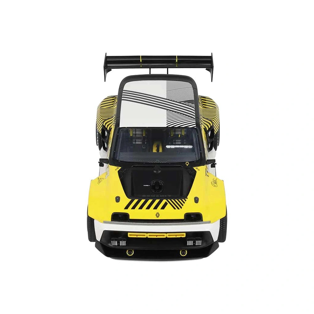 RC Renault 5 Turbo 3E with glossy body, black roof, yellow accents, and tinted windows showcased from the front view.