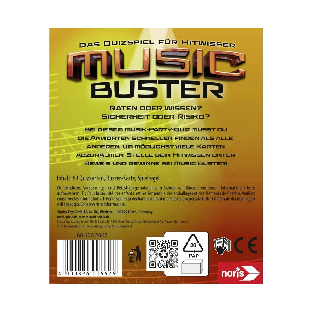Music-Buster packaging features bright yellow design, bold text, and icons, highlighting trivia gameplay with 89 quiz cards a