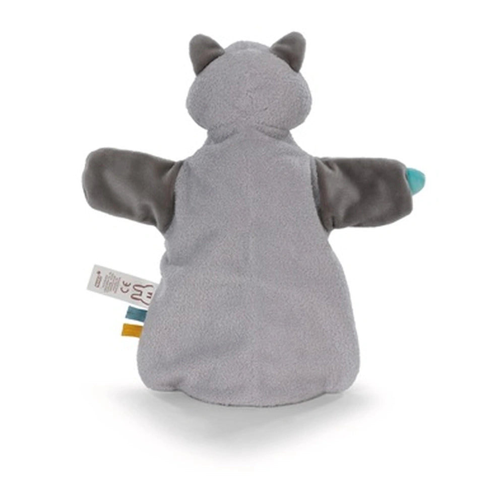 a gray raccoon hand puppet cuddle blanket featuring a blue nose, ideal for baby activity play.