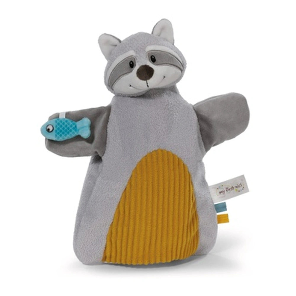 2in1 Raccoon hand puppet cuddle blanket in gray and yellow fabric with a glossy blue fish attached and a white tag.