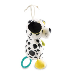 Dalmatian musical box toy with yellow feet, green ring, and detailed features including collar, tail, and expressive face.