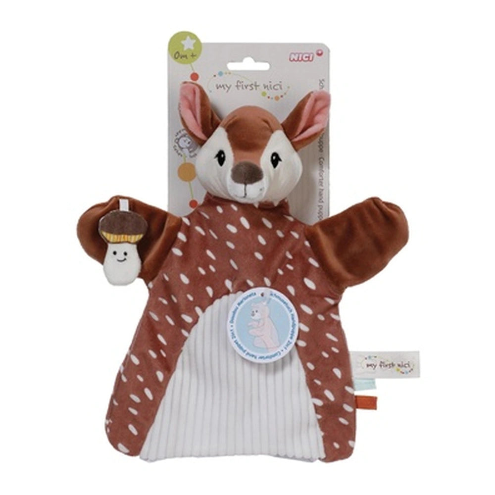My First NICI Rehkitz plush toy features a brown body with white spots, displayed in a brown cardboard package with a clear w