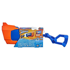 Nerf Super Soaker Rainstorm features orange and blue plastic parts with cardboard packaging displaying water capacity measure