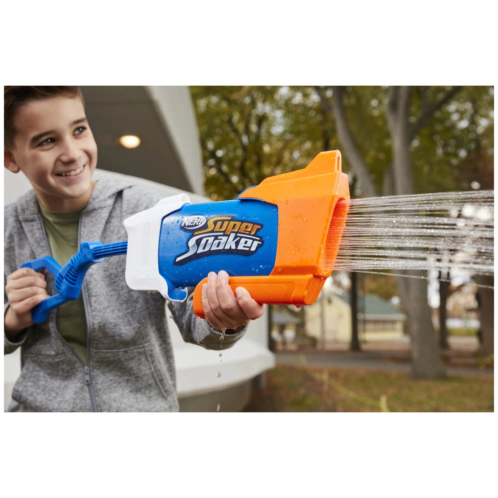 Nerf Super Soaker Rainstorm water gun in orange and blue, held by a boy, designed for outdoor play with trigger and nozzle.