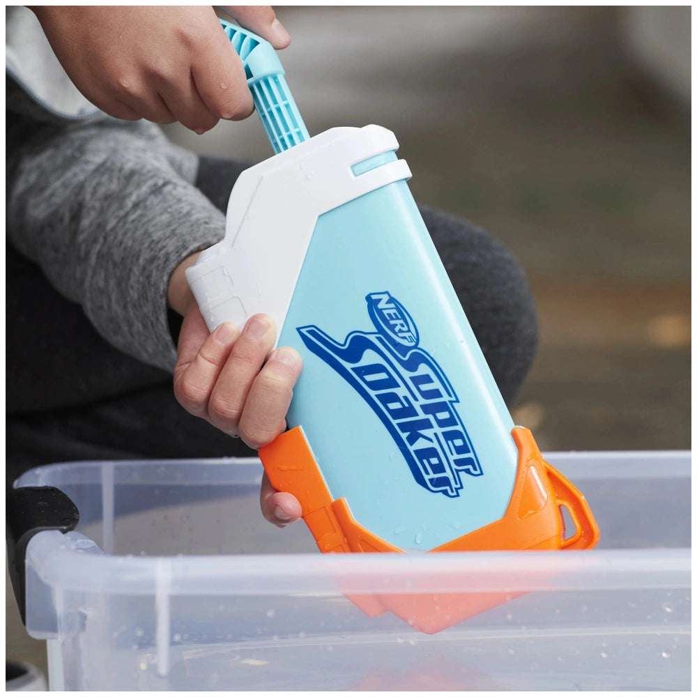 Nerf Super Soaker Torrent Water Blaster with a plastic container, orange handle, and blue lid for outdoor play.