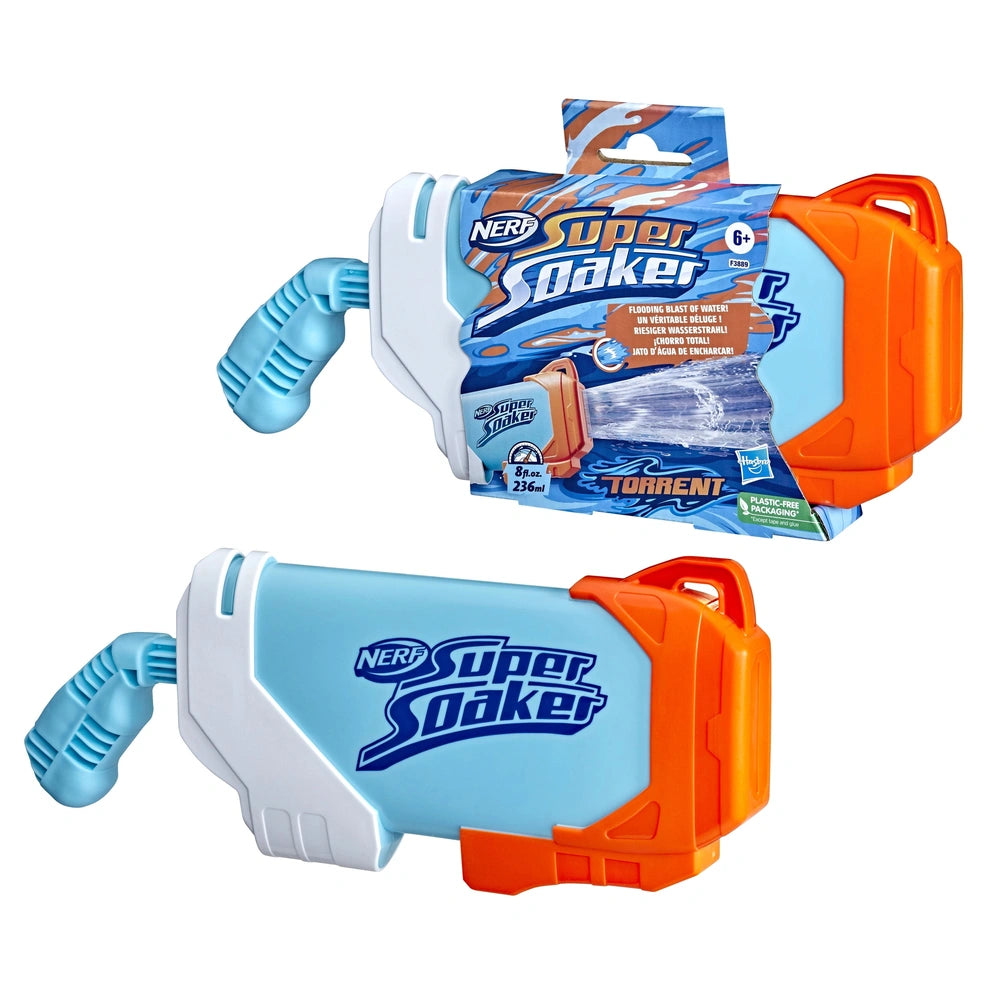 Nerf Super Soaker Torrent water blaster packaging features a blue and orange design with a clear window and white handle.
