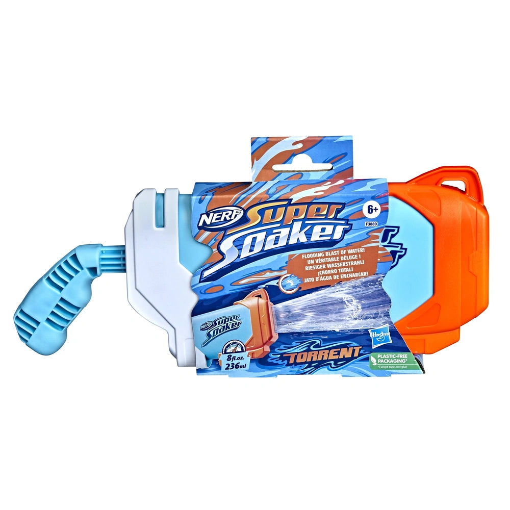 Nerf Super Soaker Torrent Water Blaster in blue and orange packaging with a white handle, featuring recyclable text and 230ml