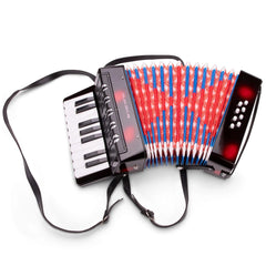 Black accordion with colorful keys in red, blue, and white, featuring a music book, displayed from the front view.