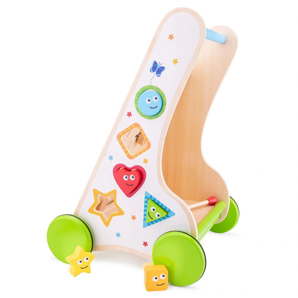 New Classic Toys Activity Walker features wooden surface, plastic wheels, and colorful smiley faces and stars.
