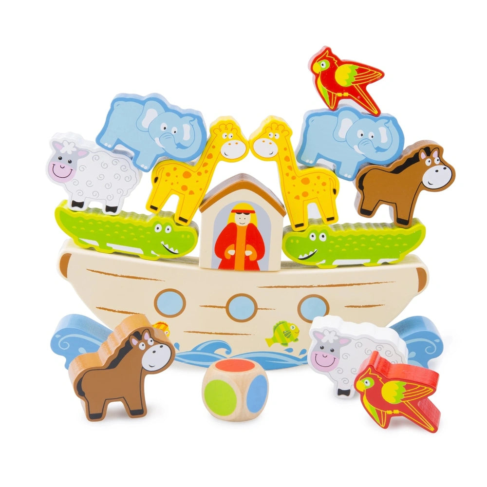 Balance Game featuring a white boat with blue and green accents, surrounded by colorful animals: giraffe, elephant, sheep, co