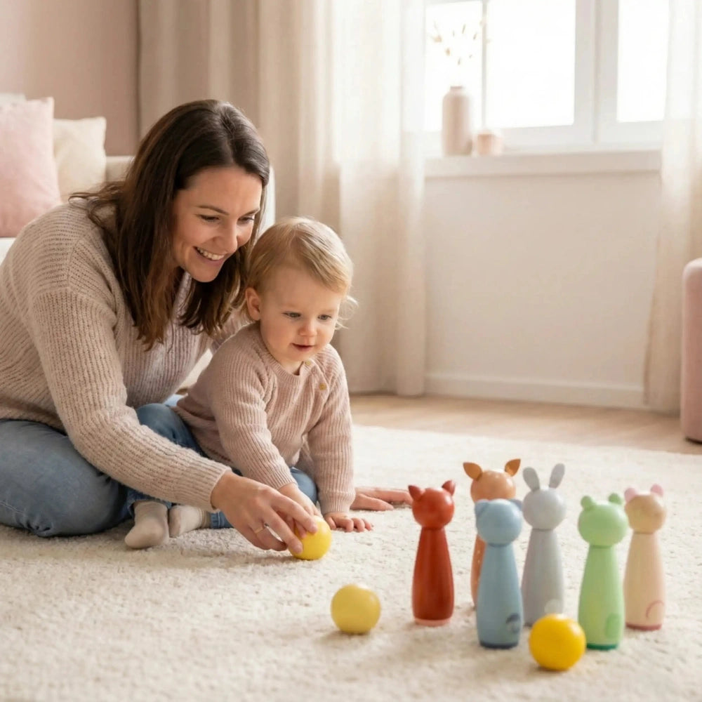 New Classic Toys bowling set featuring animal figurines and a yellow ball, with a woman and child on a light carpet.