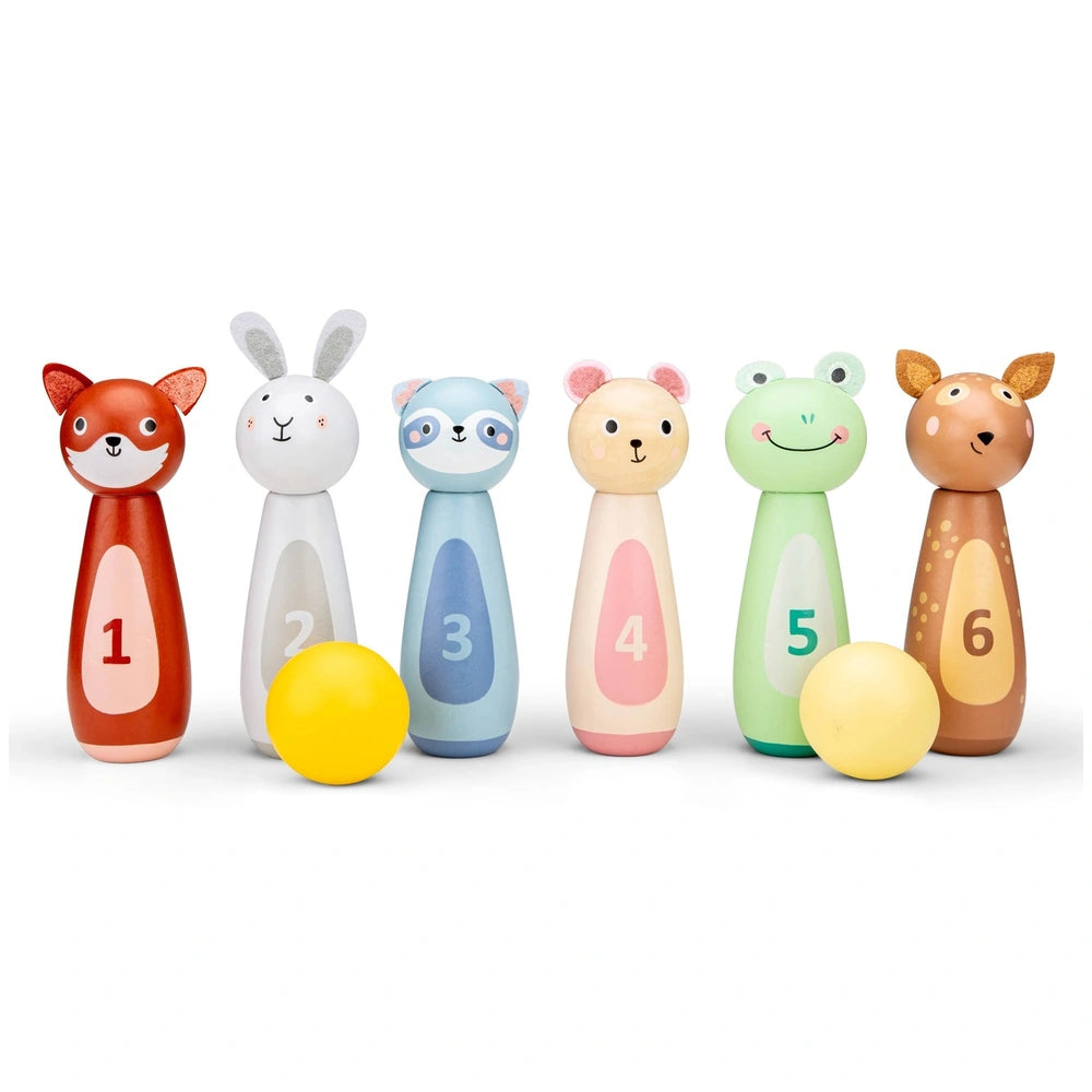 New Classic Toys bowling set features six vibrant animal-shaped pieces in red, blue, green, brown, and yellow, made of smooth