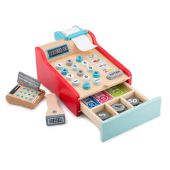New Classic Toys cash register in red with a wooden surface, plastic buttons, and visible numbers for role-playing.