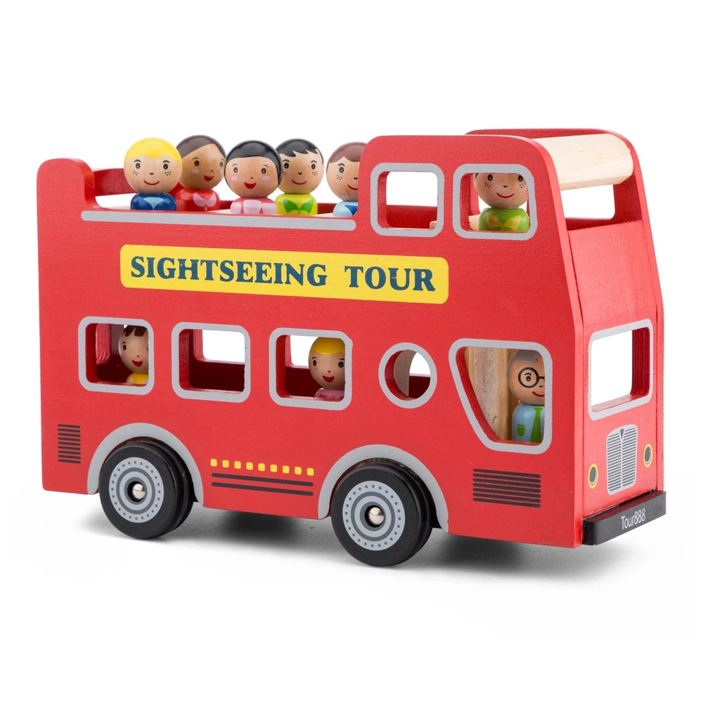Red city tour bus with 12 transparent windows and 9 play figures, featuring "SIGHTSEEING TOUR" text in yellow.