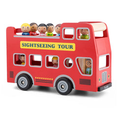 Red city tour bus with 12 transparent windows and 9 play figures, featuring "SIGHTSEEING TOUR" text in yellow.