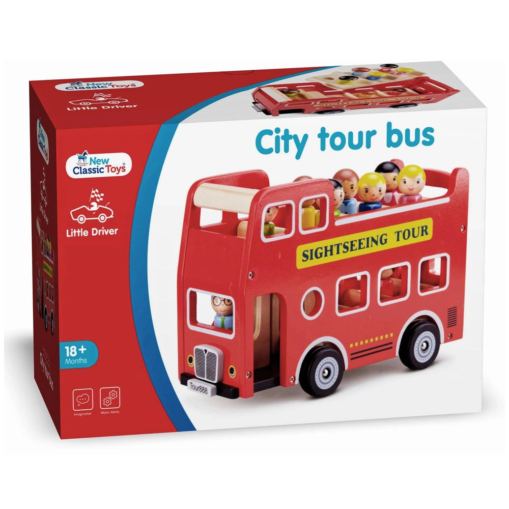 New Classic Toys City Tour Bus with red body, yellow roof, and 9 play figures on glossy cardboard packaging.