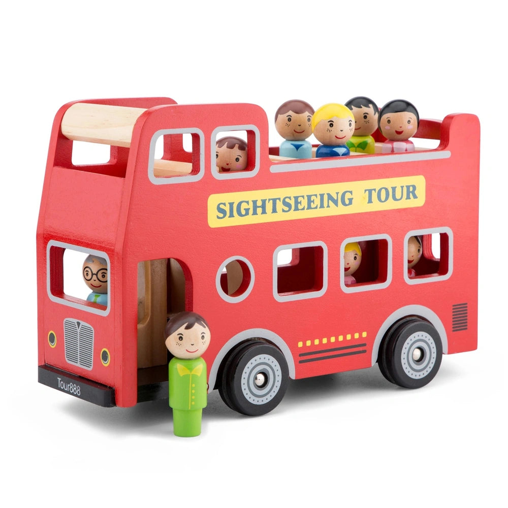 Red City Tour Bus made of glossy plastic with six smiling play figures inside, featuring clear windows and a brown matte roof