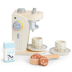 New Classic Toys white coffee machine with wooden base and multiple plastic cup lids for pretend play and role-playing activi