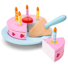 New Classic Toys Cutting Cake features colorful plastic candles on a multi-frosted cake displayed on a blue plate.