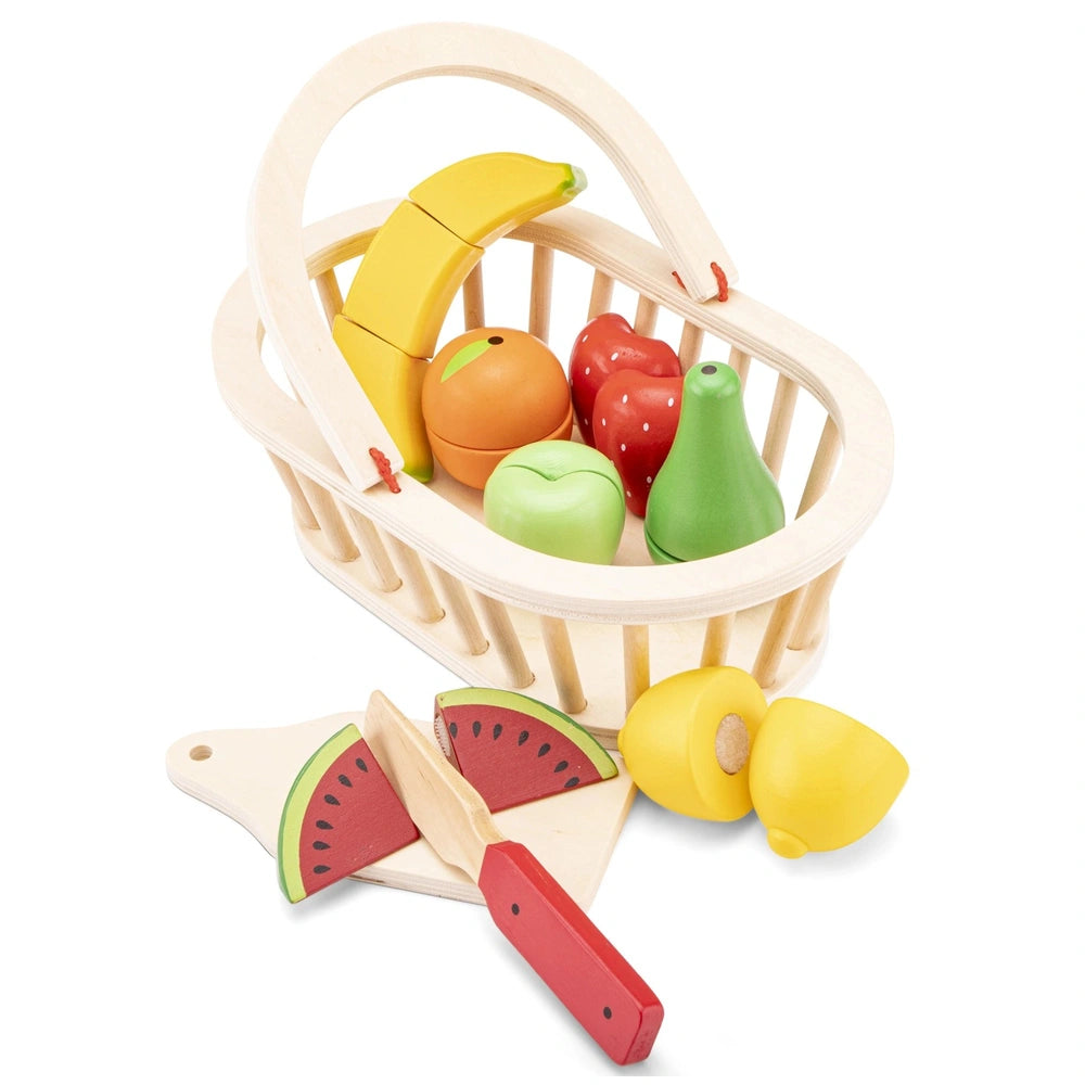 New Classic Toys fruit basket set features a wooden basket filled with colorful plastic fruits and a wooden knife.