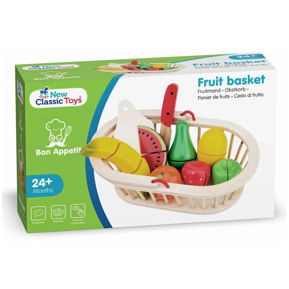 New Classic Toys Fruit Basket set with colorful plastic fruits, knife, and utensils in green packaging with white text.