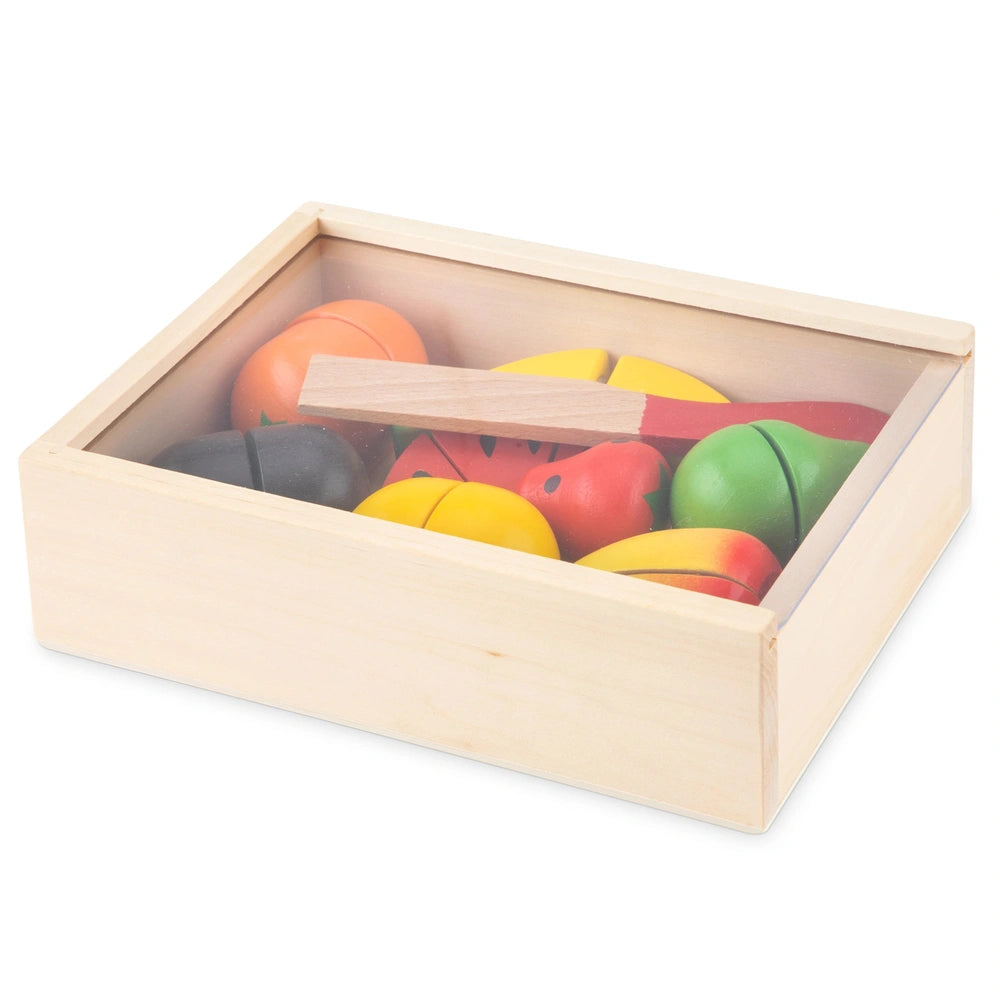 New Classic Toys Cuttingset features a wooden box with a plastic window and lid, containing four colorful balls.