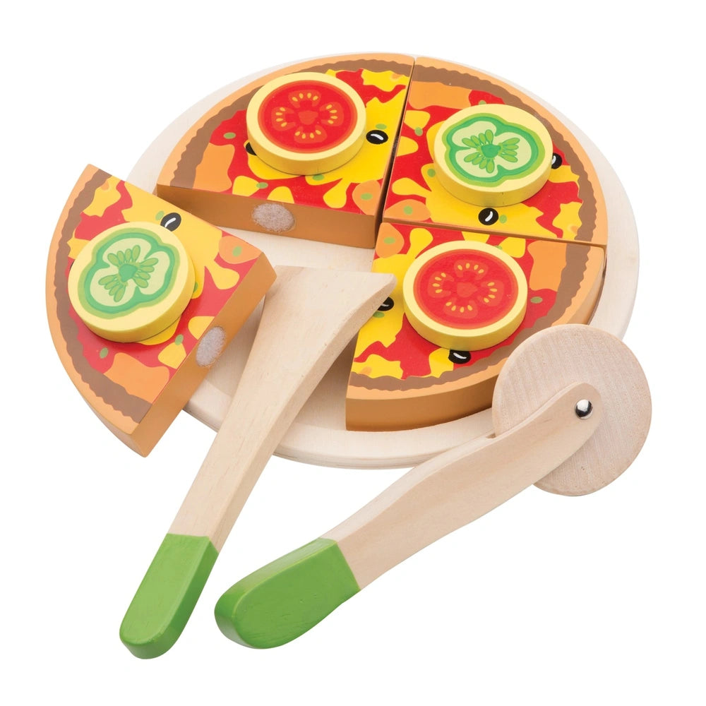 New Classic Toys pizza vegetable cutting set with wooden and plastic components, featuring multiple green-trimmed blade cover