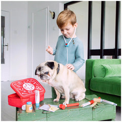 New Classic Toys Doctor Set features a young boy in a blue sweater playing on a green couch in a bright room.