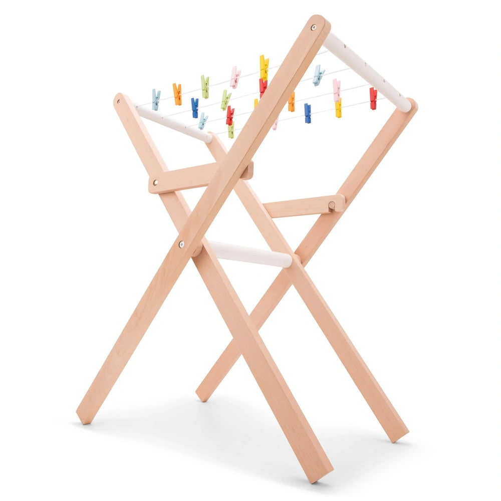 New Classic Toys drying rack features a wooden frame with colorful cloth in red, blue, yellow, green, pink, and orange.