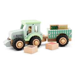New Classic Toys - Wooden Tractor With Trailer And Vegetables - Play Vehicles