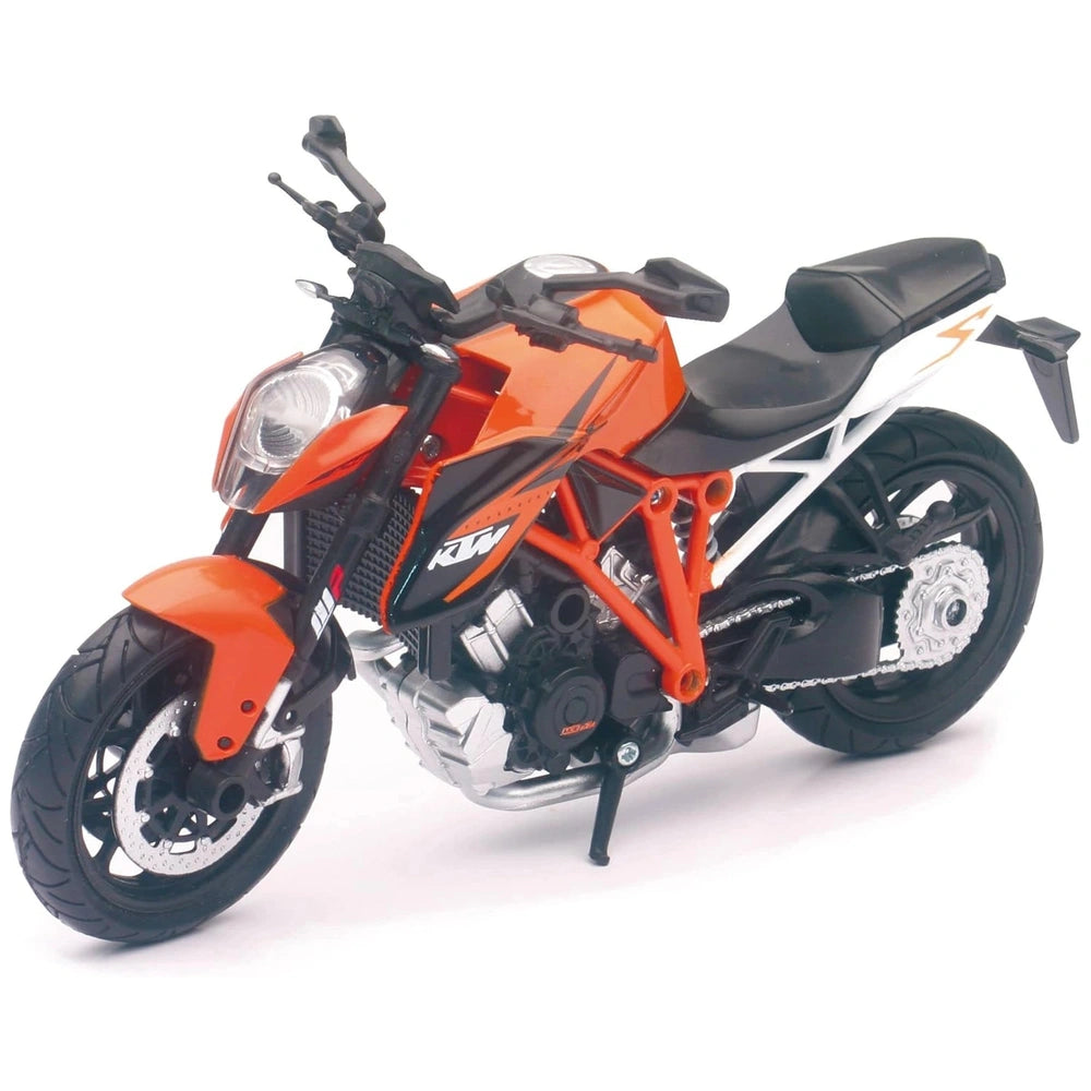 Ktm 1290 Superduke R die-cast motorcycle features a glossy orange fuel tank and matte black components, displayed front view.